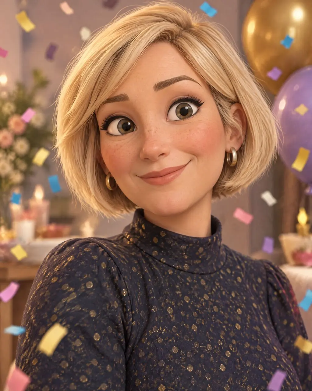 Caricatura 3D de mujer de pelo rizado con luz suave
