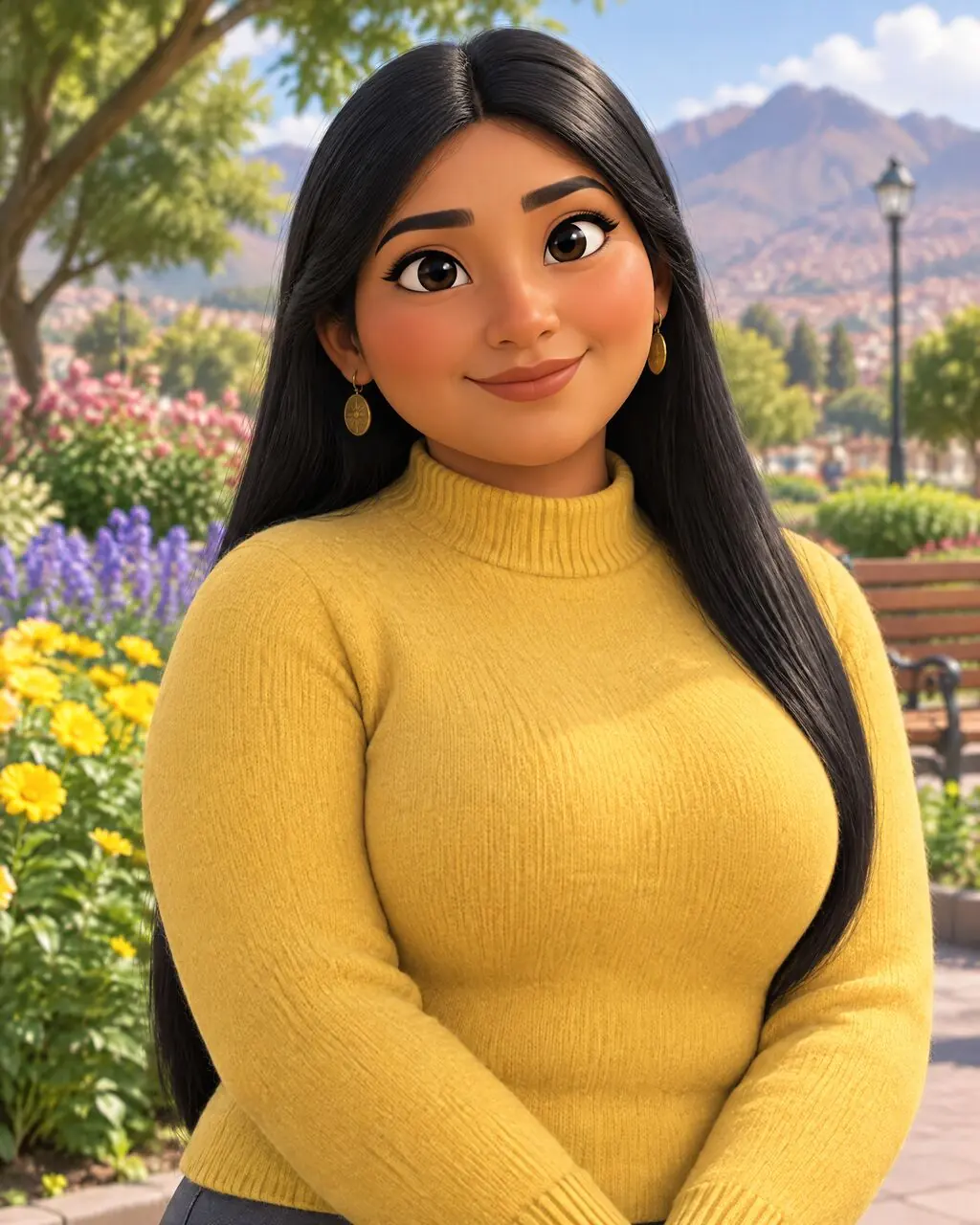 Foto estilo película animada 3D de mujer con suéter amarillo