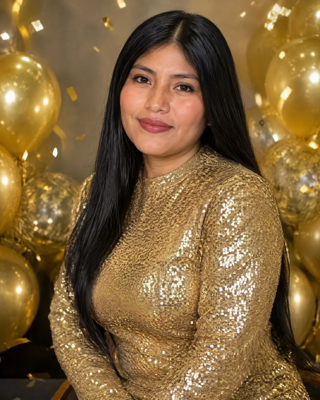 Fotos de cumpleaños de mujer con globos dorados y vestido de lentejuelas