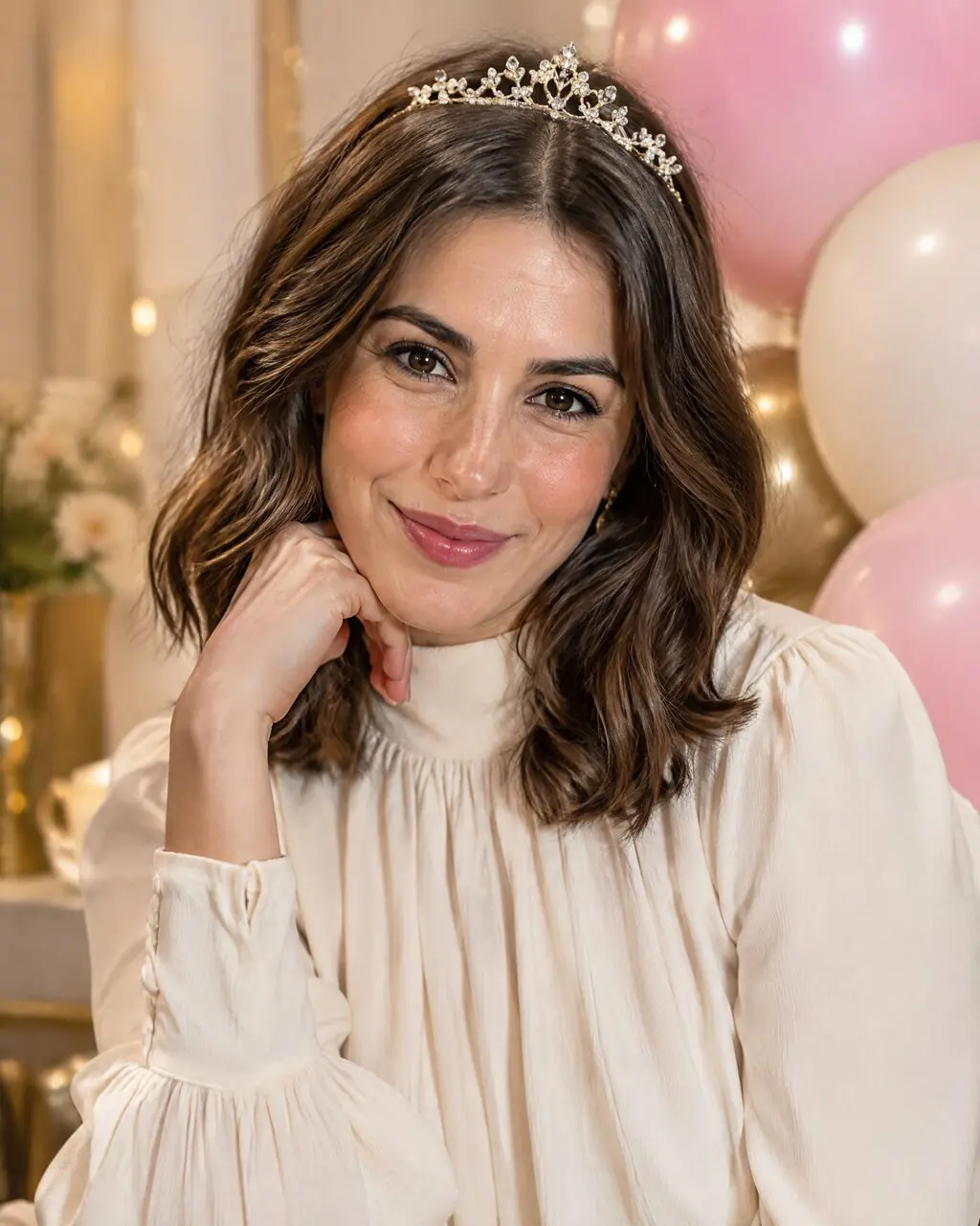 Fotos de cumpleaños de mujer con tiara y globos pastel