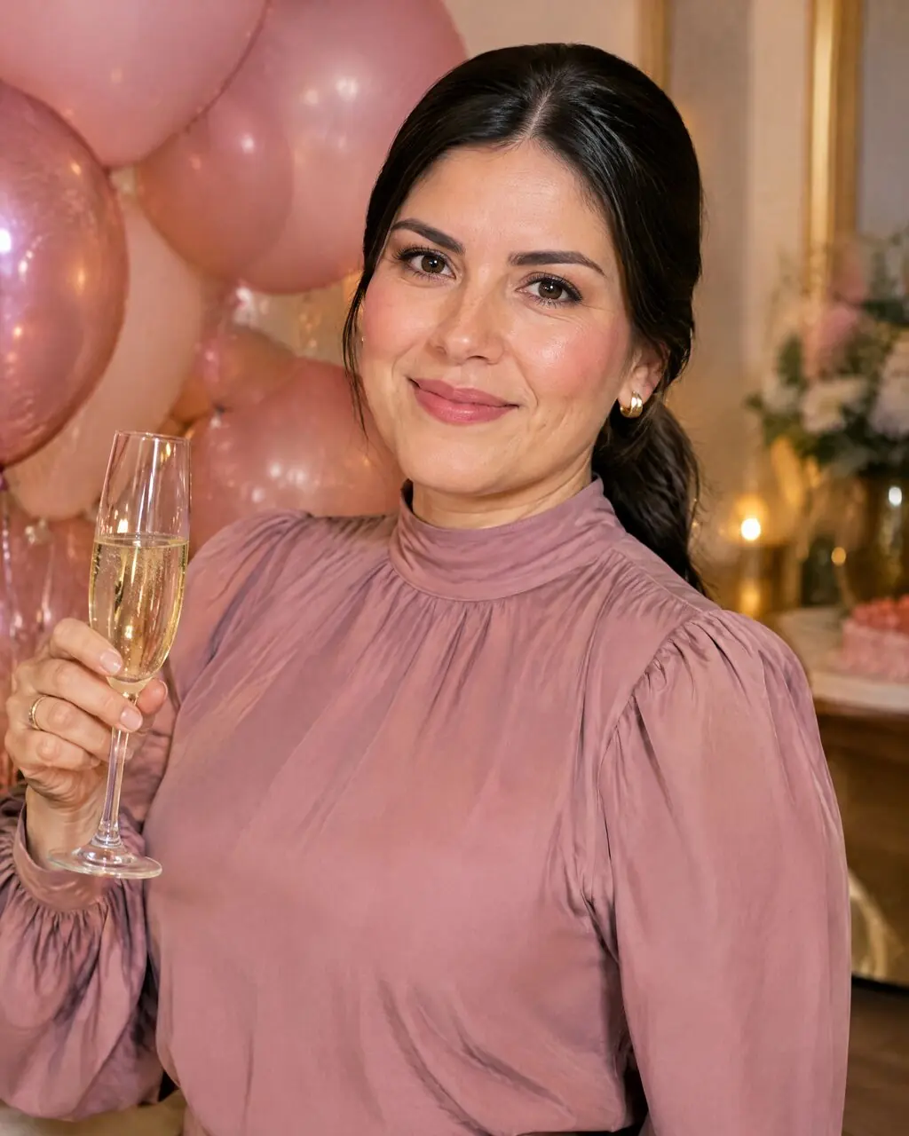 Fotos de cumpleaños de mujer con copa y globos rosa