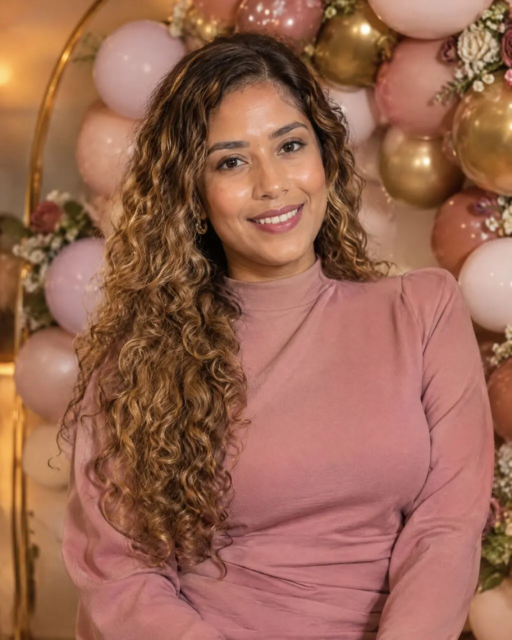 Sesión de fotos cumpleaños con arco de globos y vestido rosa
