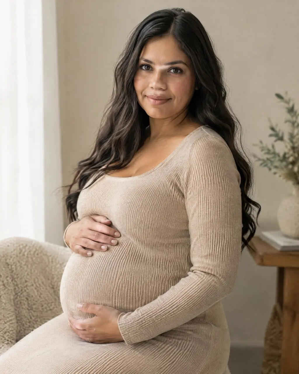 Sesión de fotos maternidad con luz suave y fondo cálido
