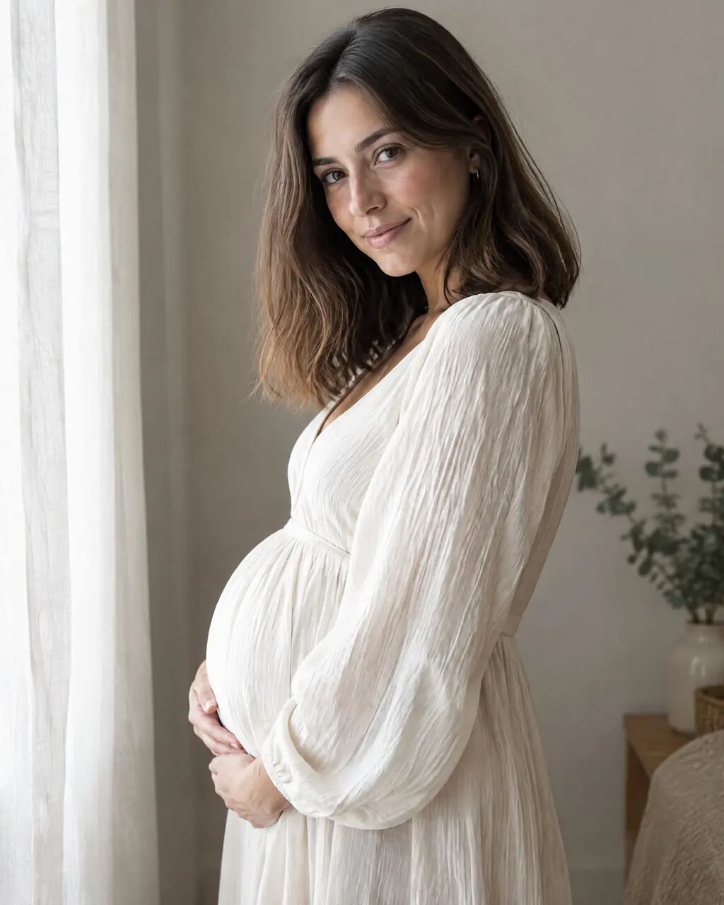 Fotos de maternidad de mujer con vestido beige y manos sobre la pancita
