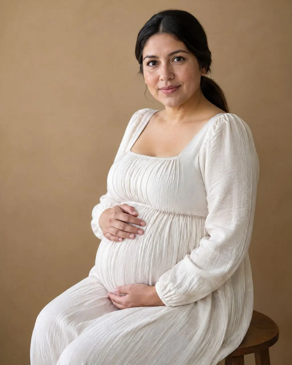 Sesión de fotos de embarazo en estudio con fondo liso