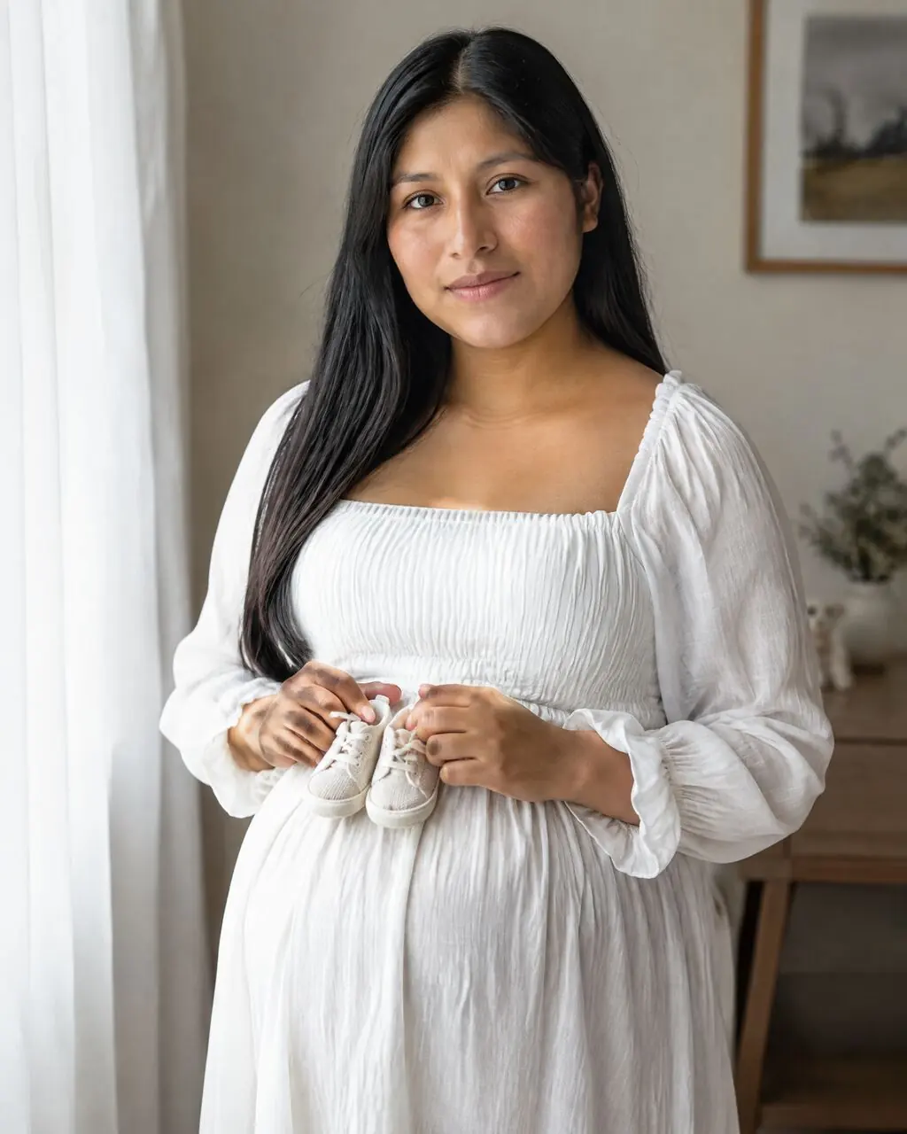 Fotos de maternidad de mujer con vestido blanco y luz de ventana