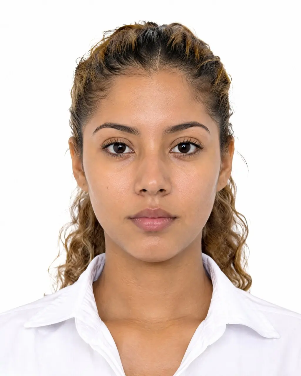 Foto tipo pasaporte de mujer con expresión neutra