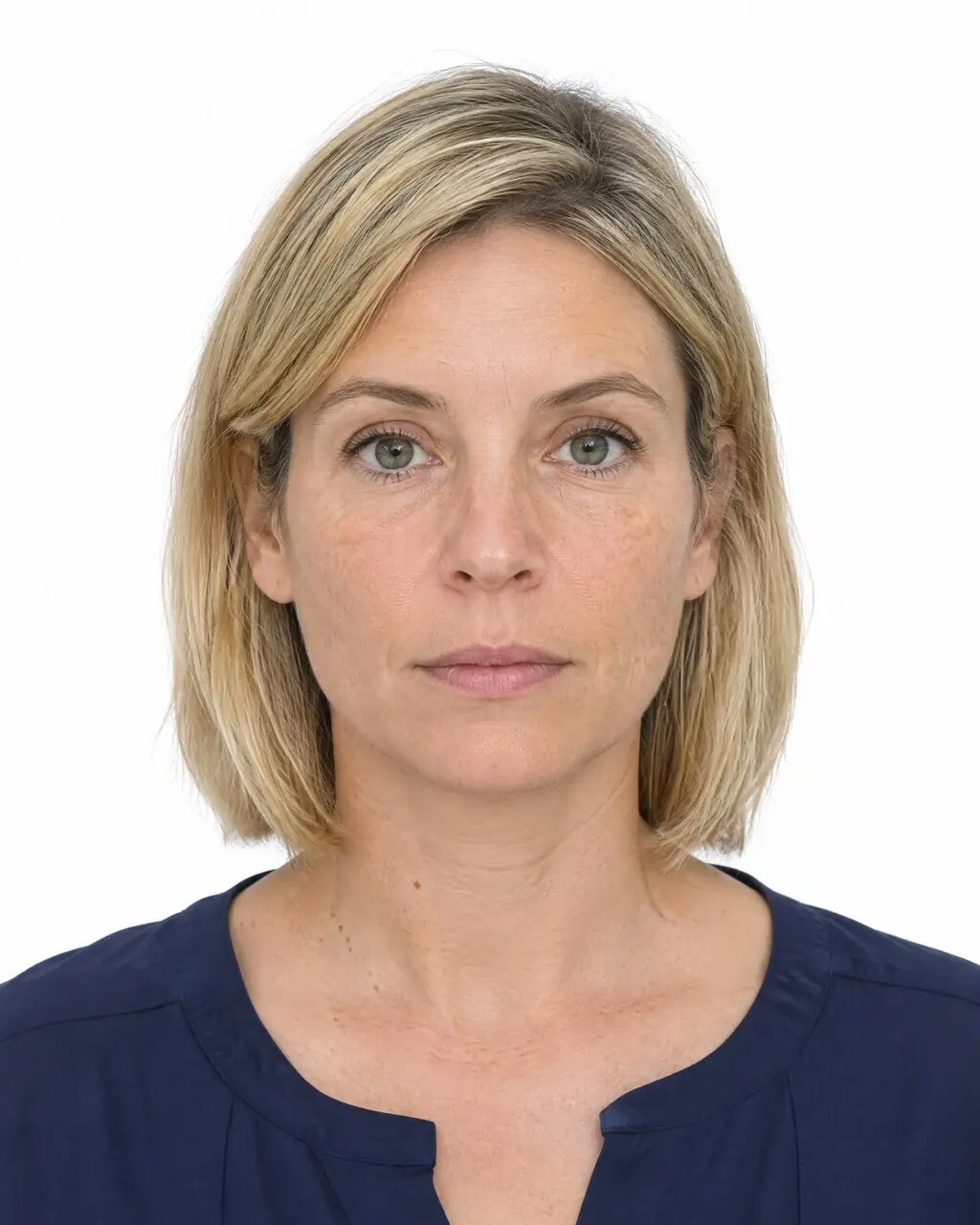 Foto DNI de mujer de pelo recogido con fondo blanco liso