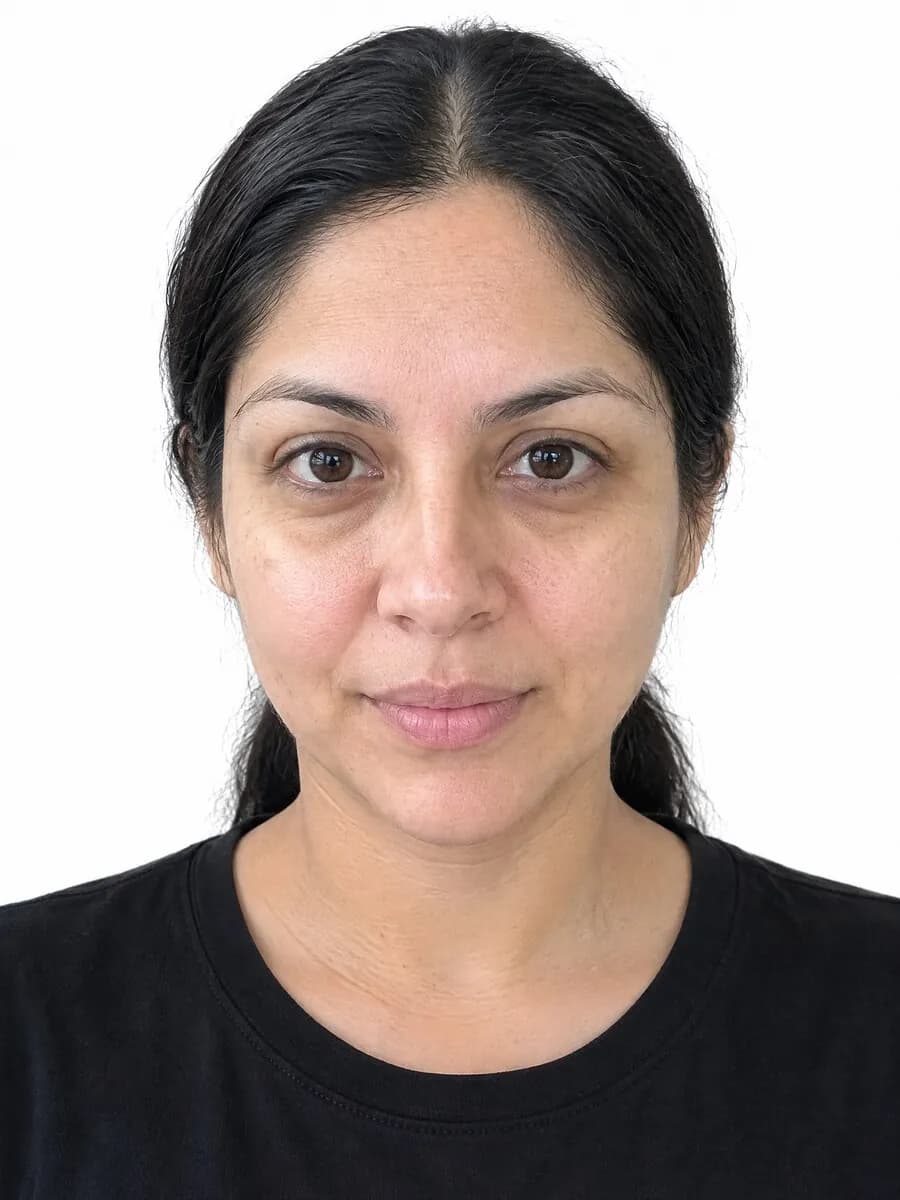 Foto carnet de una mujer de frente con fondo blanco, creada desde su selfie