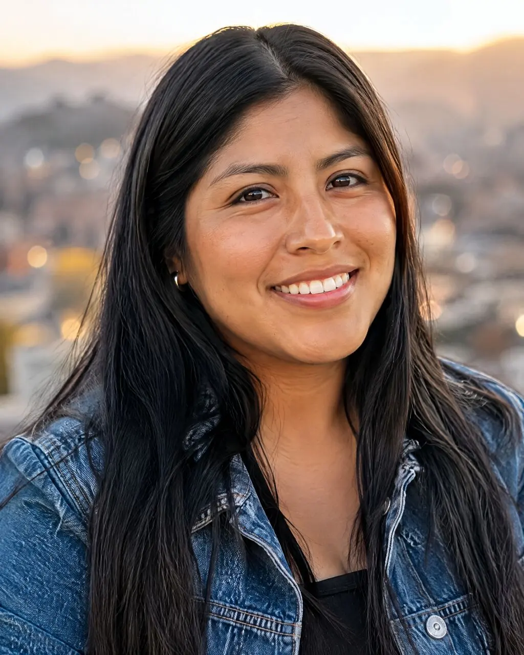 Foto de perfil de mujer sonriente con fondo desenfocado, recortada en círculo