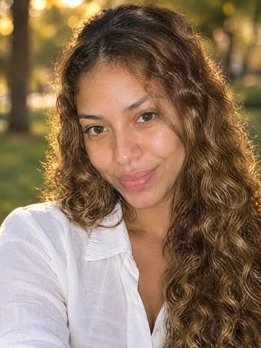 Foto de perfil para Instagram de una mujer con luz natural y fondo desenfocado