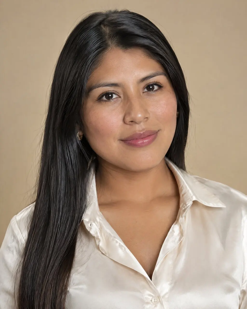Foto formal de mujer con camisa y fondo beige