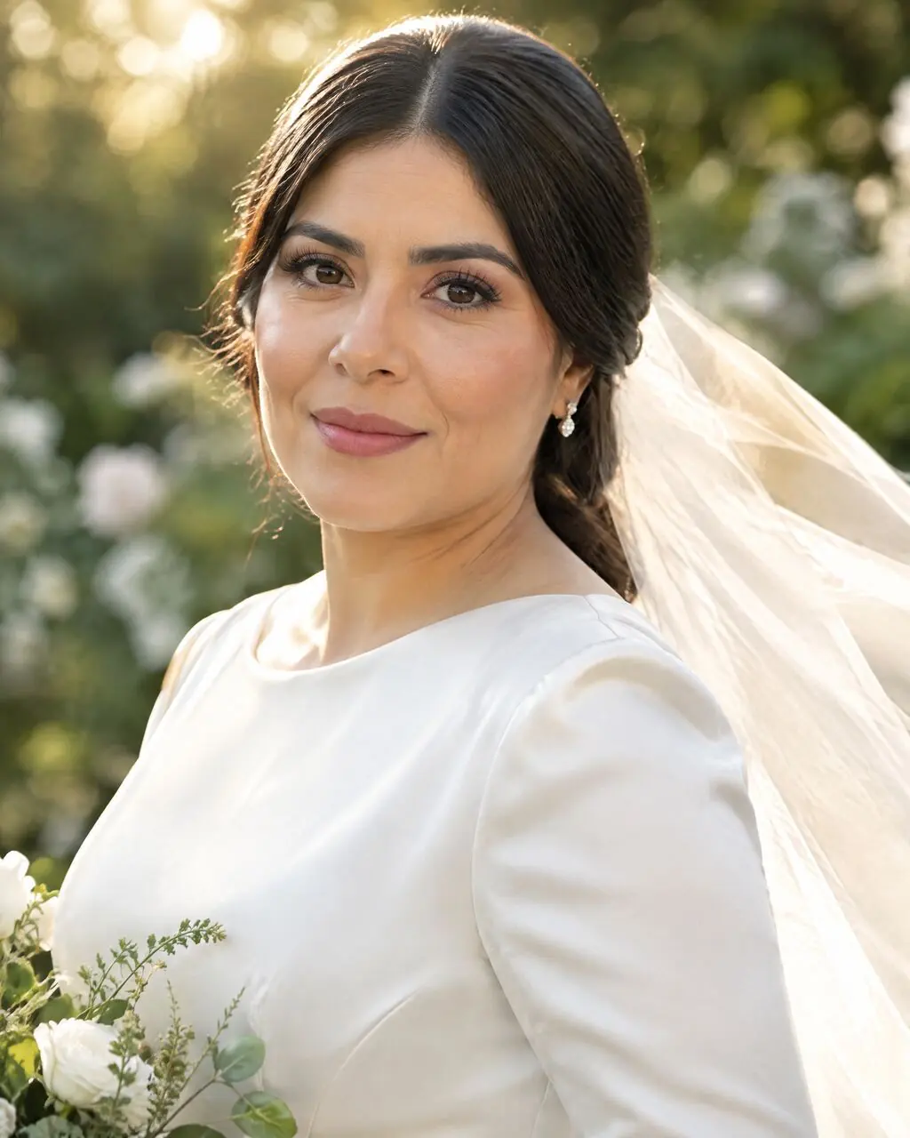 Retrato de novia con ramo de flores blancas