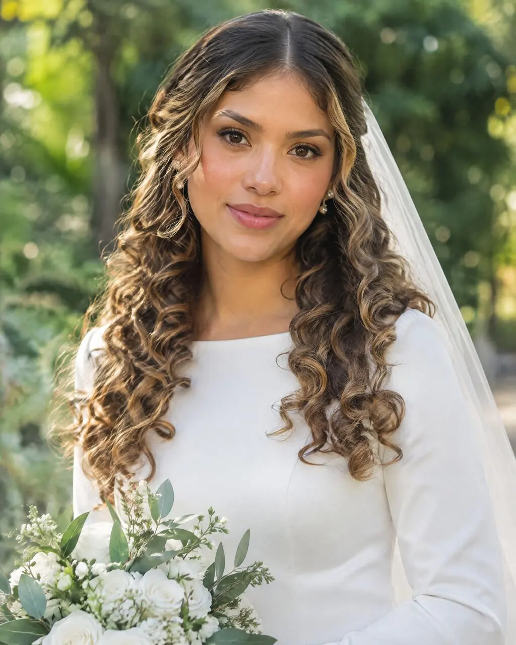Fotos de boda de novia en jardín desenfocado