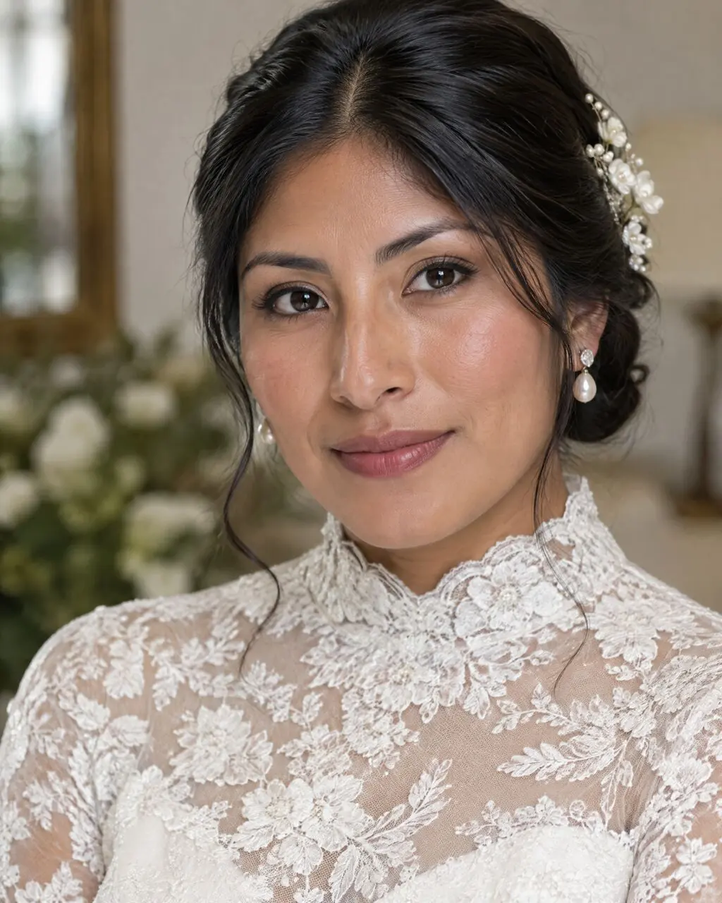 Retrato de novia con peinado recogido y aros de perla