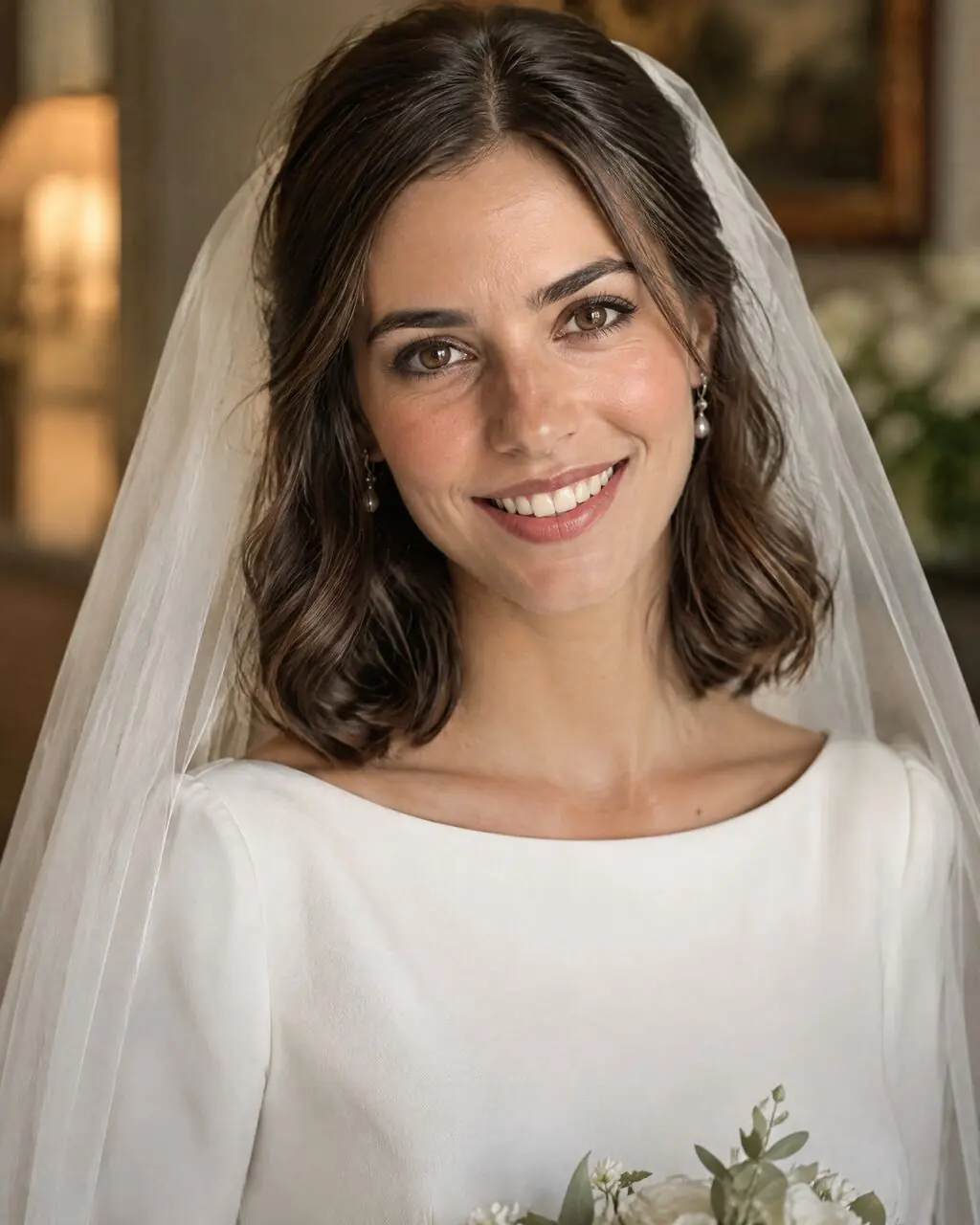 Fotos de novia sonriente con luz romántica