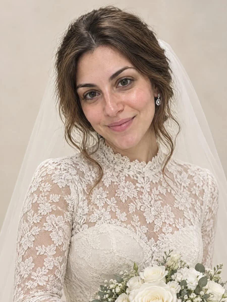 Fotos de novia: mujer con vestido blanco de encaje y velo, creada desde su selfie