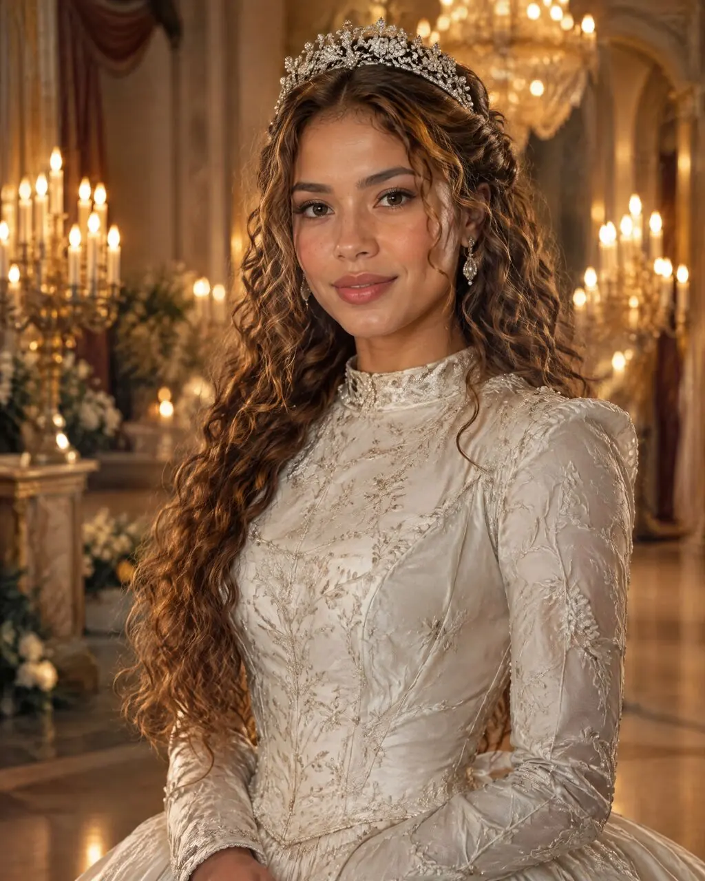 Foto estilo princesa en un salón de baile con candelabros