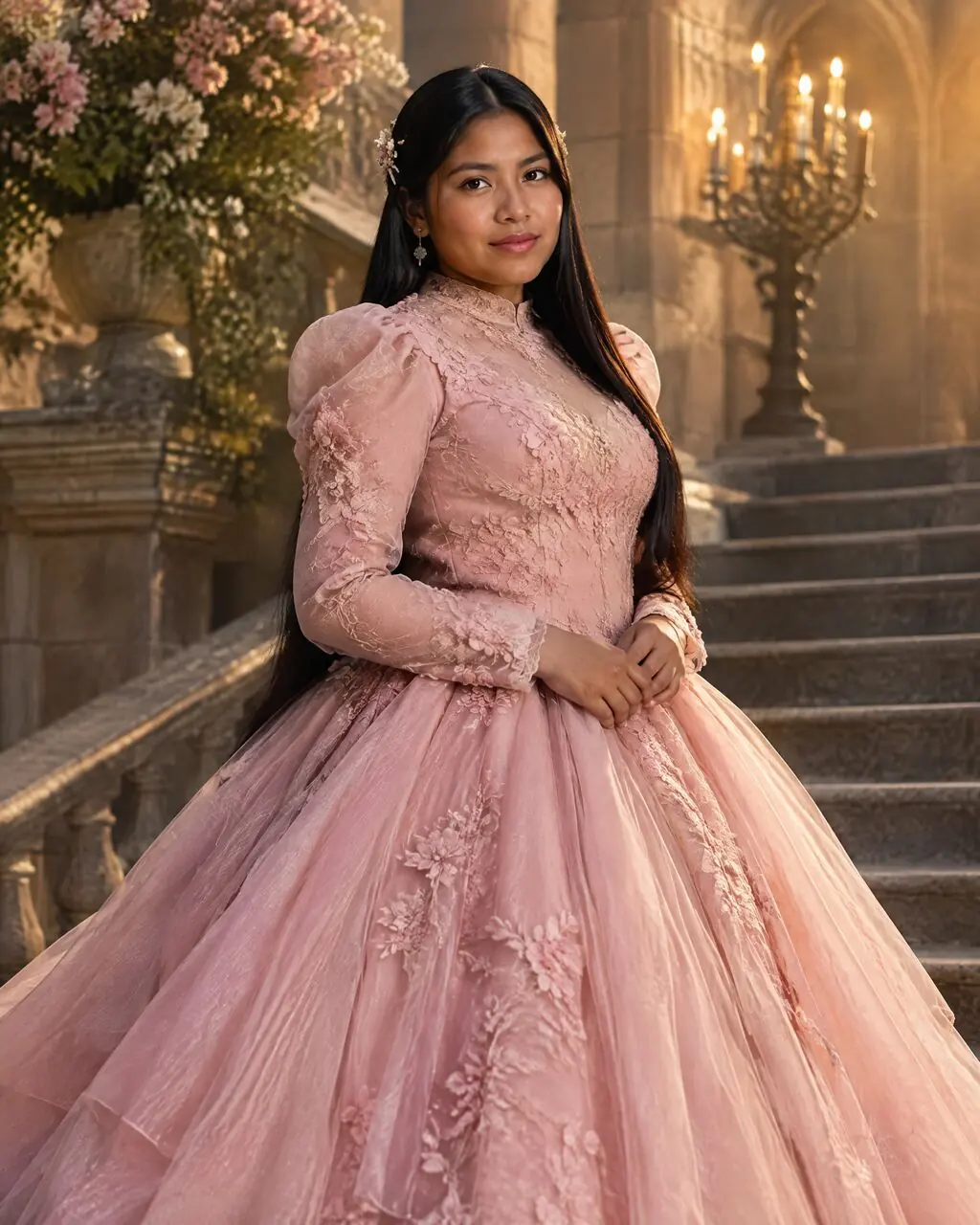 Sesión de fotos de princesa con vestido rosa voluminoso