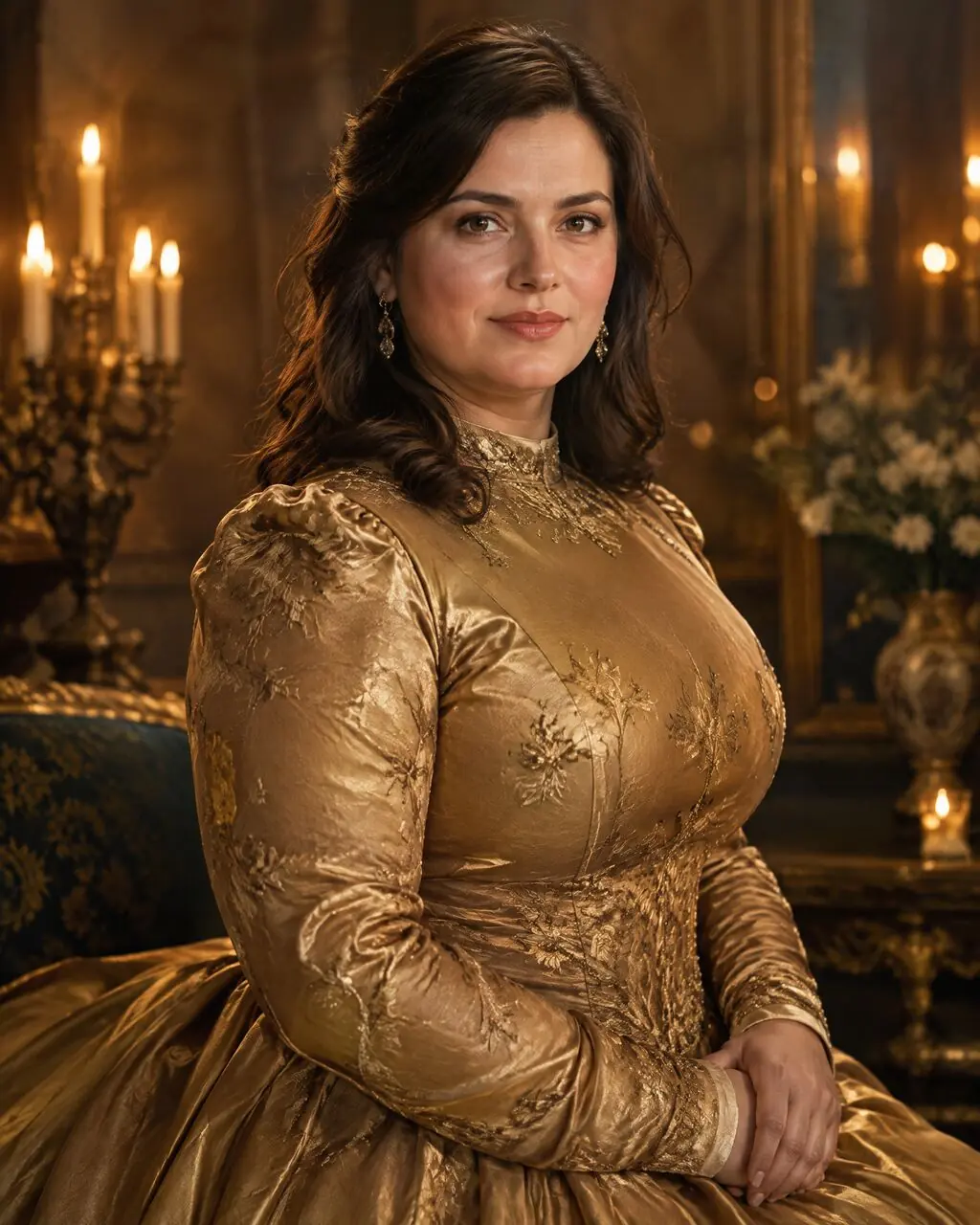 Fotos de princesa de mujer con vestido dorado y luz cálida