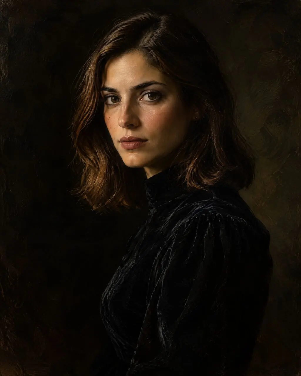 Retrato al óleo de mujer con fondo oscuro