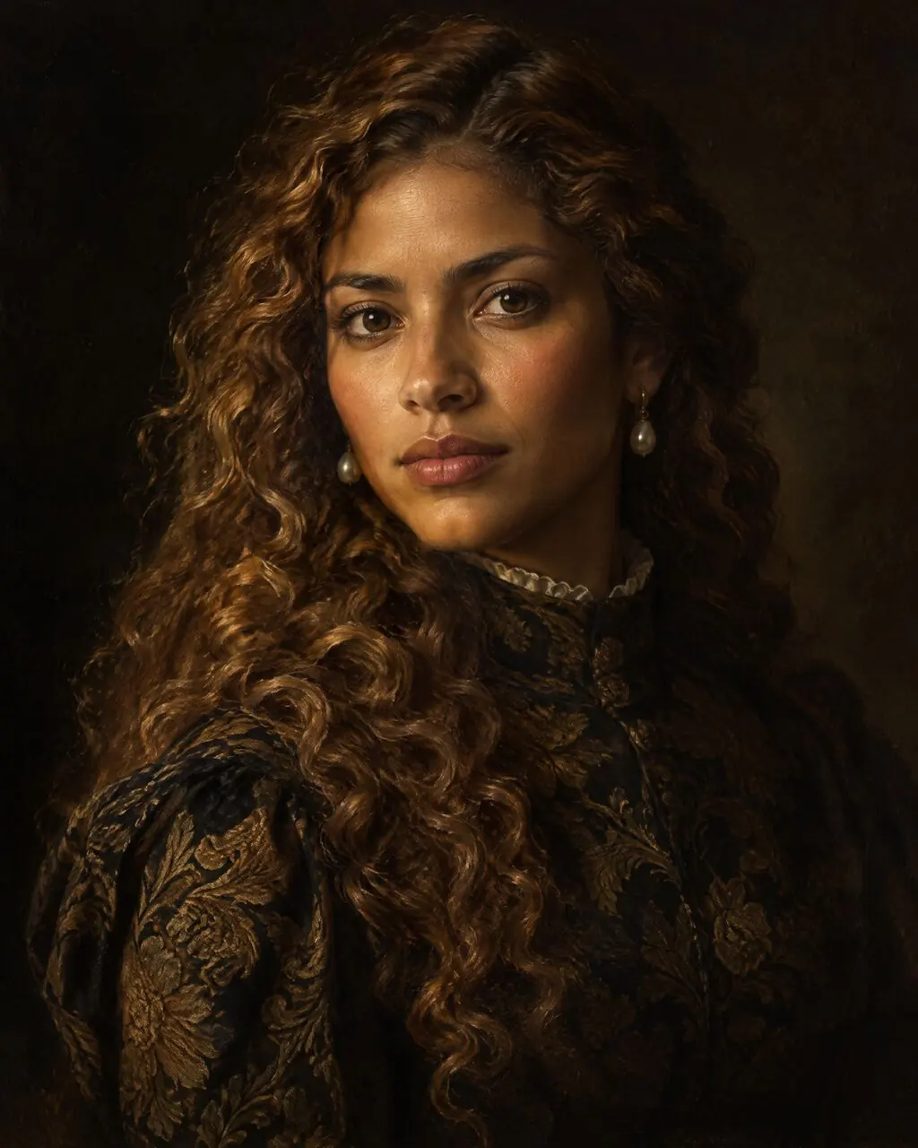 Retrato artístico mujer pintado al óleo con tonos cálidos