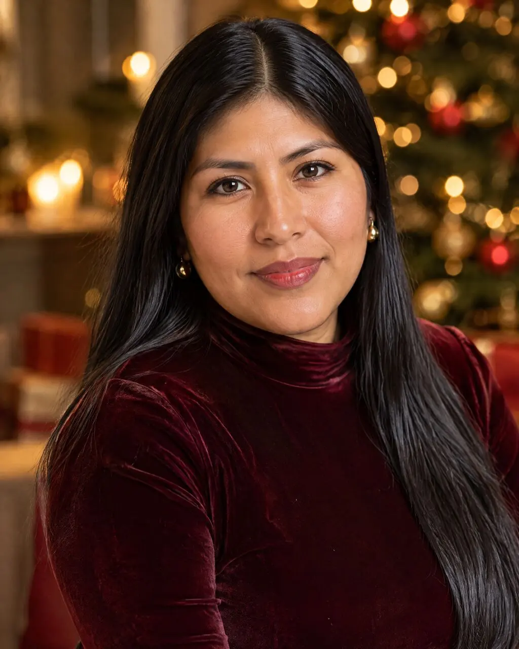 Foto de Navidad de mujer con bokeh dorado de fondo