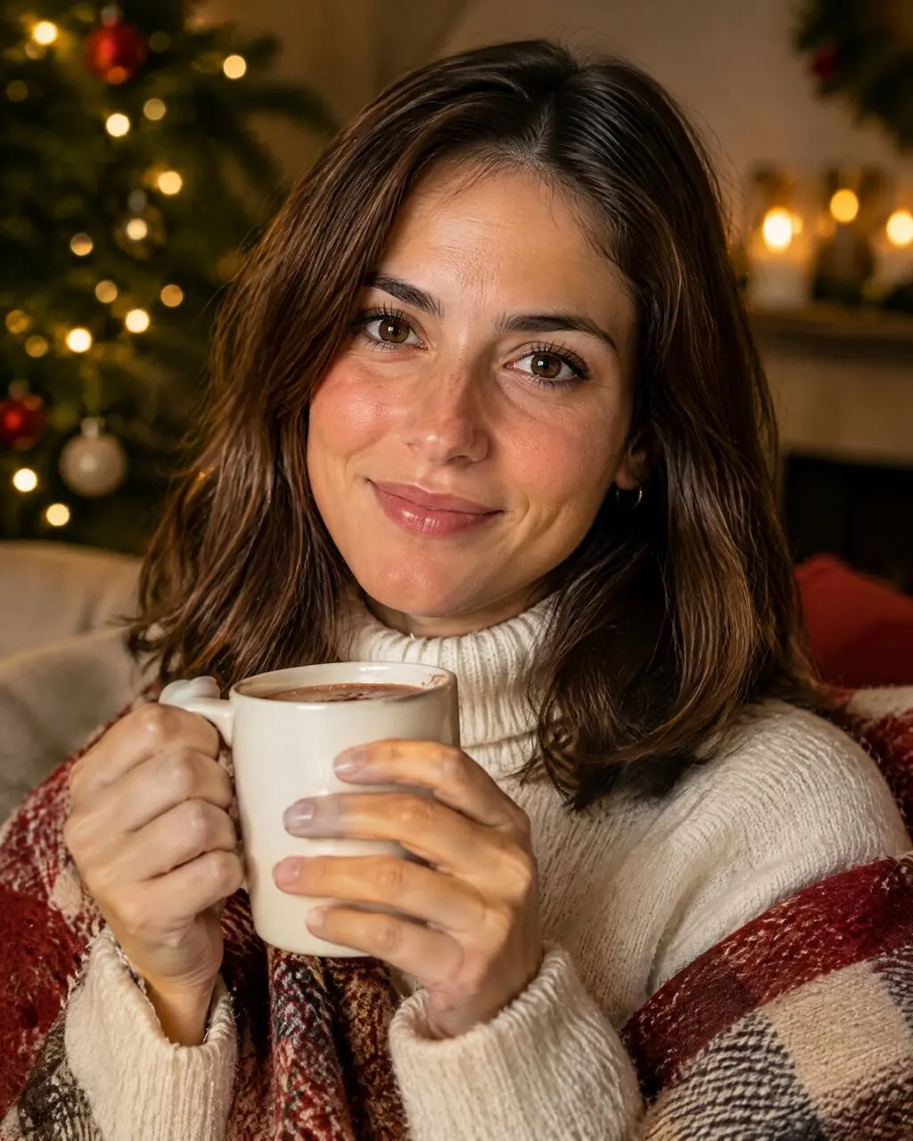 Idea de fotos navideñas de mujer con taza y manta