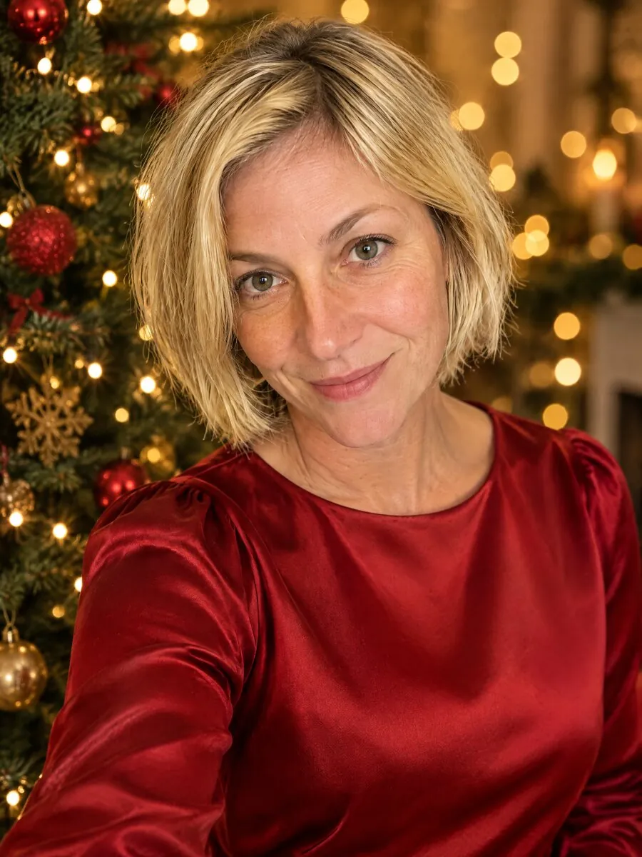 Fotos navideñas de una mujer con vestido rojo junto al árbol y luces cálidas
