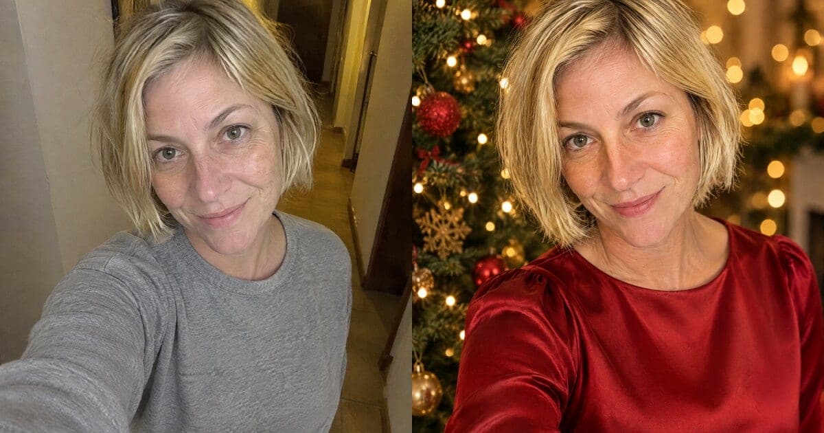 Antes: selfie em casa. Depois: foto de Natal de estúdio criada com IA, com árvore e luzes