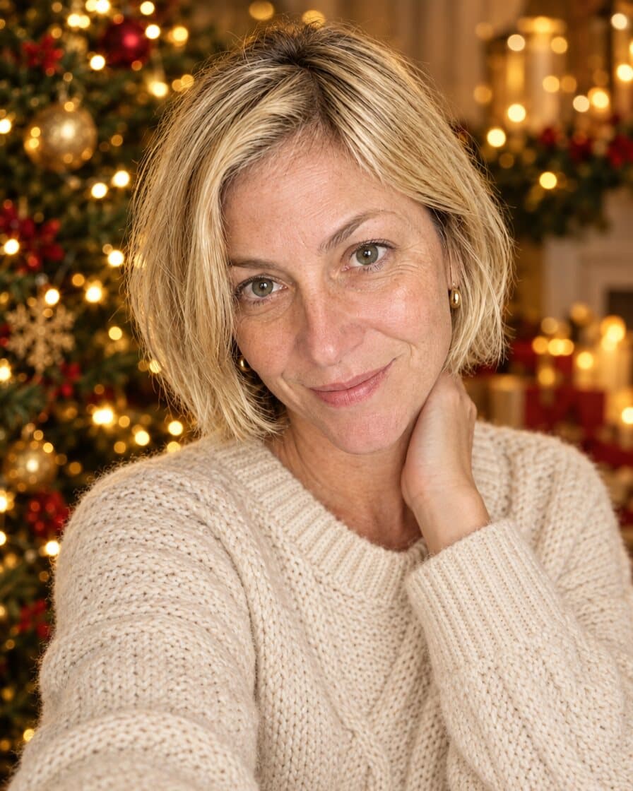 Foto de perfil de Natal em círculo: mulher de suéter de lã creme