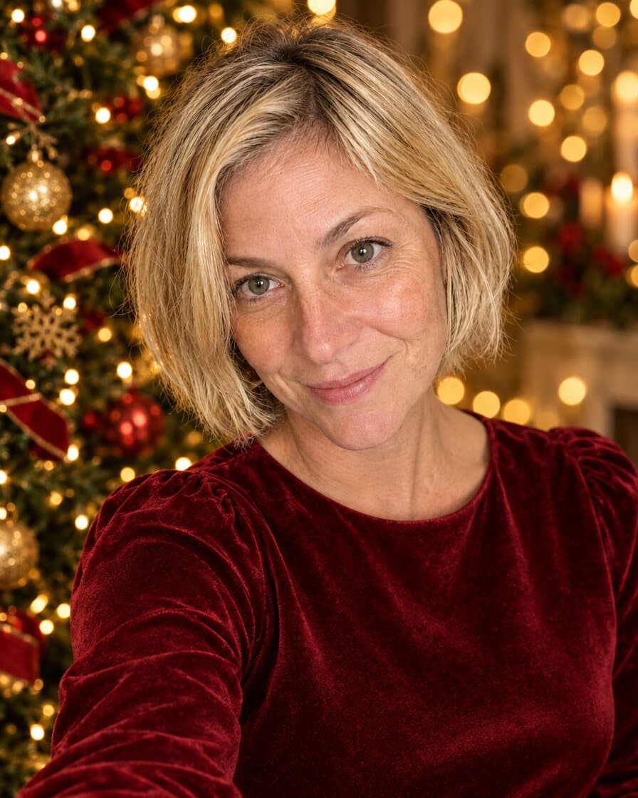 Ideia de foto de Natal para mulheres: Veludo bordô e luzes