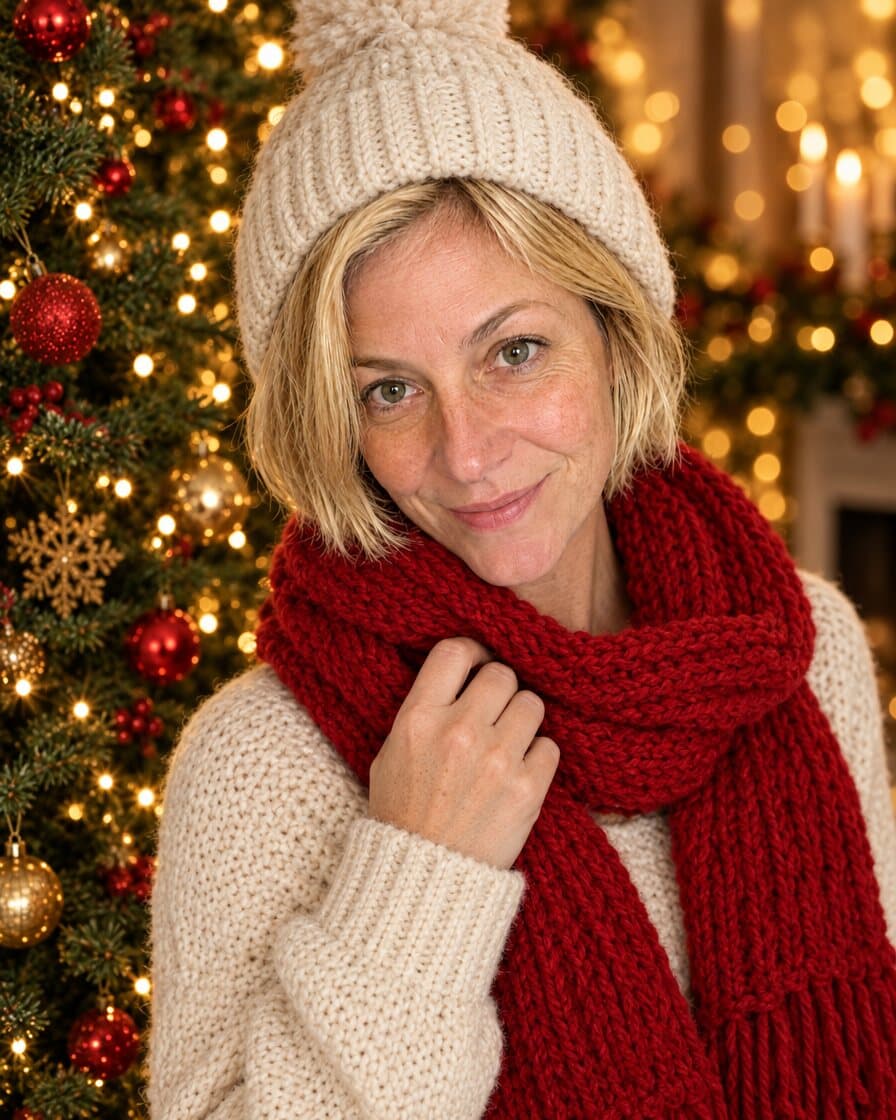 Foto de Natal para WhatsApp com mensagem: mulher de gorro de lã e cachecol vermelho ao lado da árvore