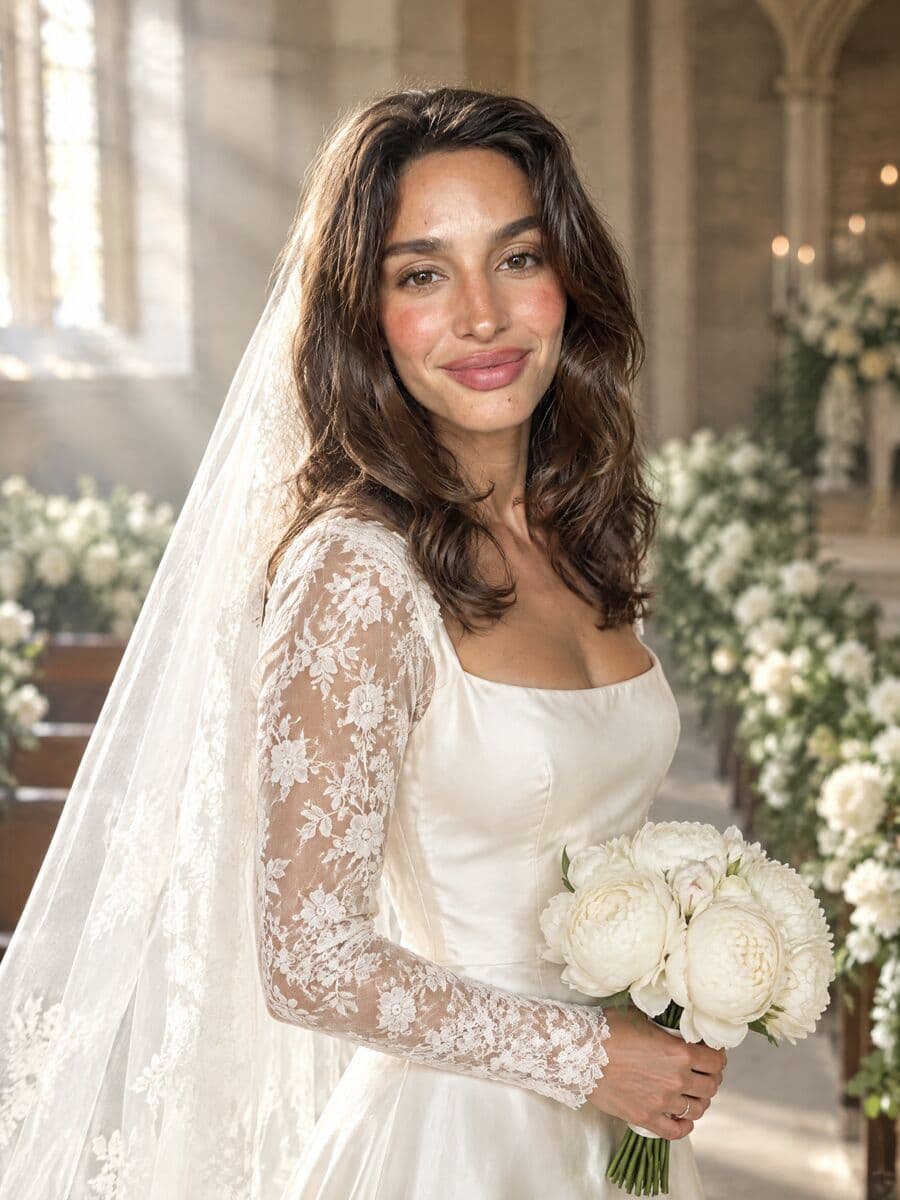 Bodas: Retrato de novia con vestido de encaje y velo en una capilla iluminada, creada con IA a partir de la selfie de Lucía
