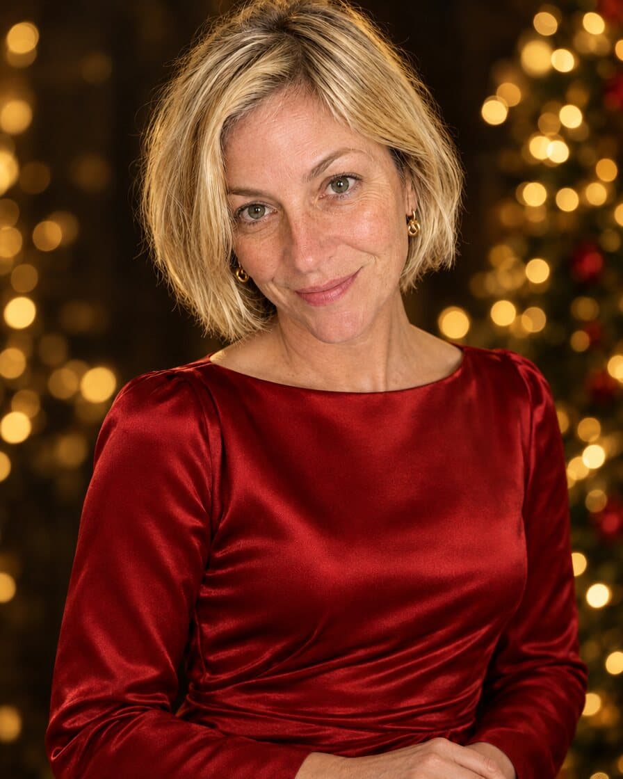 Fotos de Natal de gala: mulher de vestido vermelho e bokeh dourado
